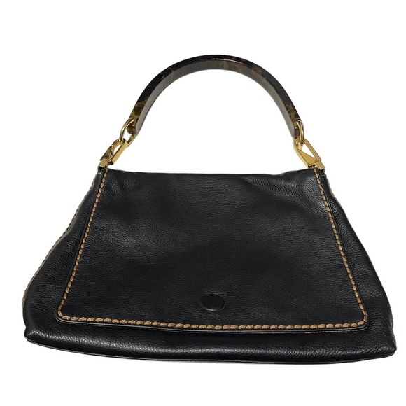 Vintage Plinio Visona Handbag Shoulder Black Italian‎ Leather Lucite Handle - Picture 1 of 10